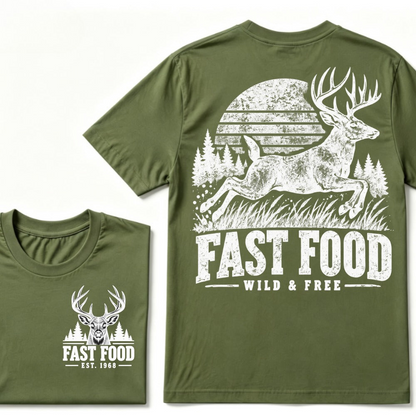 Fast Food Wild & Free Deer Hunting T-Shirt EST.Year Vintage Buck Hunter Forest Graphic Tee
