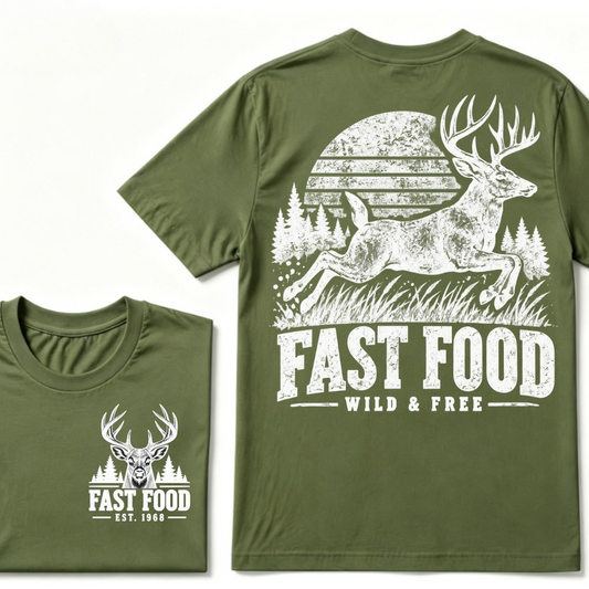 Fast Food Wild & Free Deer Hunting T-Shirt EST.Year Vintage Buck Hunter Forest Graphic Tee