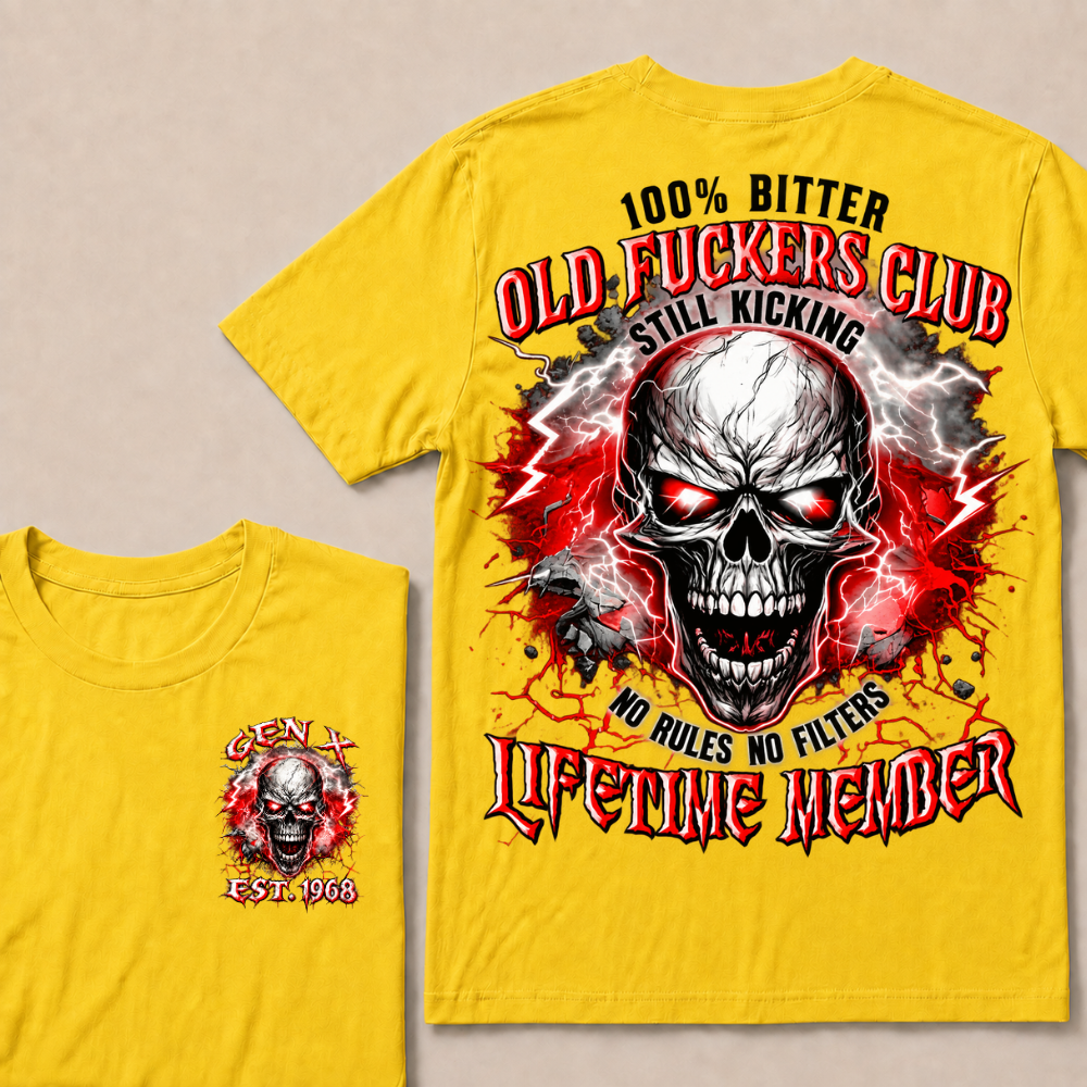 Gen X Custom Year Old Fuckers Club Red Lightning Cracked Skull Blood Splatter T-Shirt