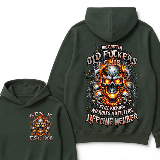 Gen X Custom Year Old Fuckers Club Hellfire Multi Skull Chain Lightning Hoodie