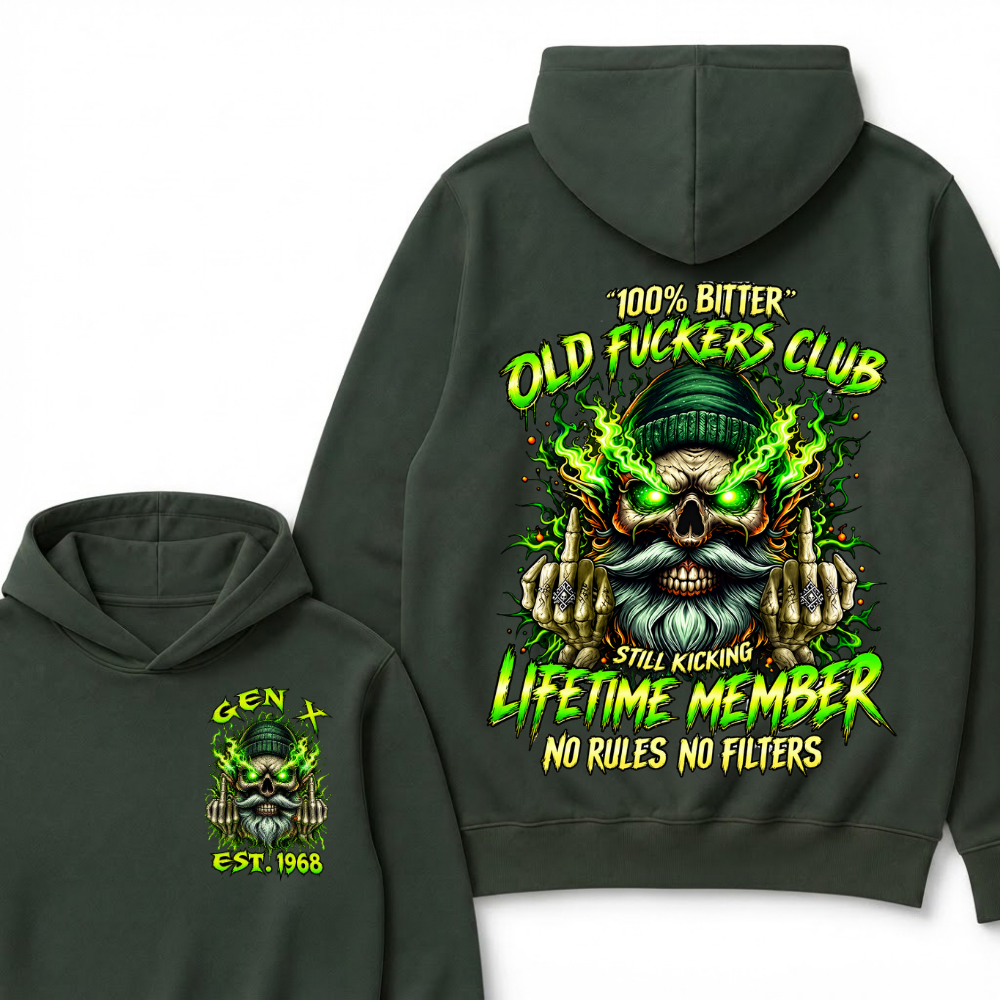 Gen X Custom Year Old Fuckers Club Beanie Bearded Skull Double Finger Green Flame Hoodie