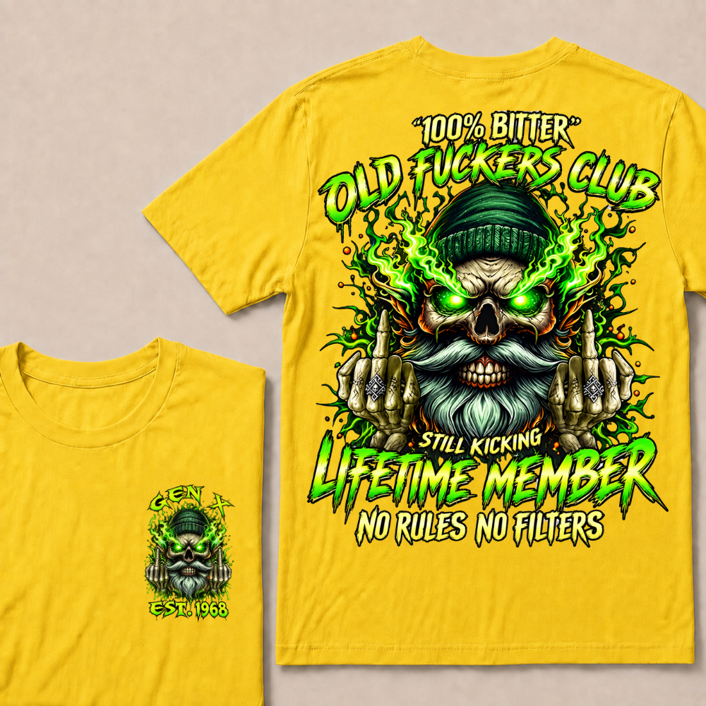 Gen X Custom Year Old Fuckers Club Beanie Skull Double Finger Green Flame T-Shirt