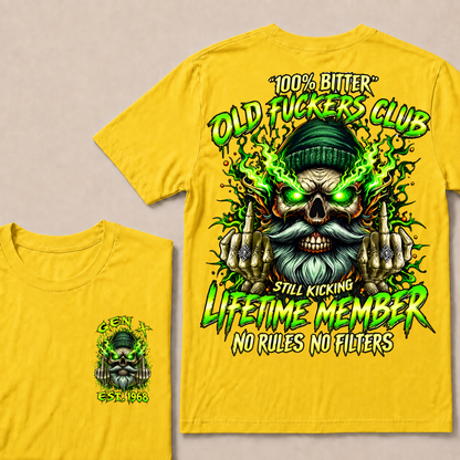 Gen X Custom Year Old Fuckers Club Beanie Skull Double Finger Green Flame T-Shirt