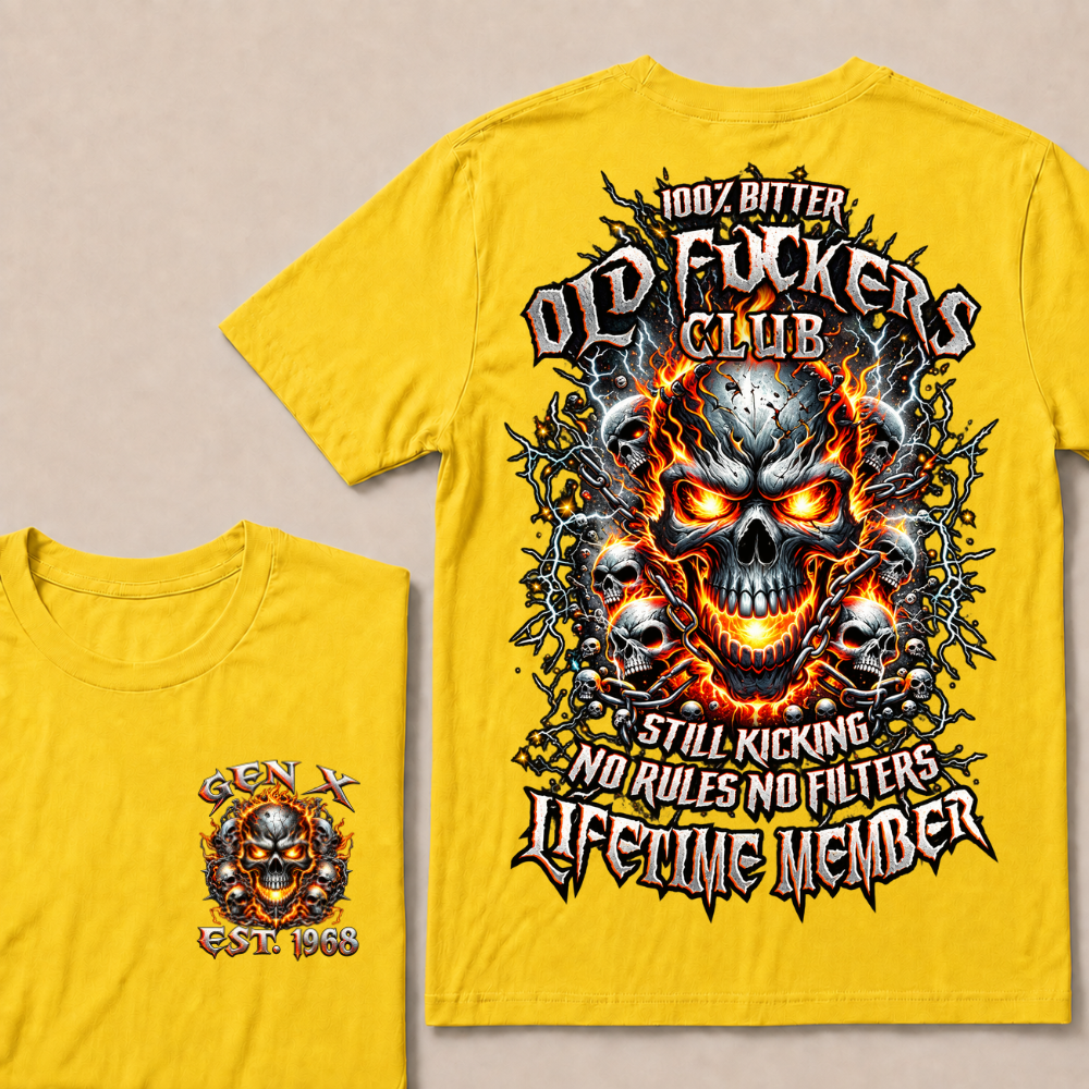 Gen X Custom Year Old Fuckers Club Multi Skull Chain Fire Lightning T-Shirt