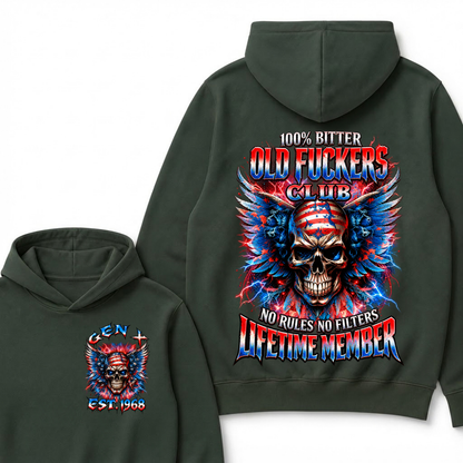 100% Bitter Old Fuckers Club Lifetime Member Hoodie Custom Year Gen X Patriotic Winged USA Flag Skull Red Blue Lightning No Rules No Filters Mens Biker Hoodie