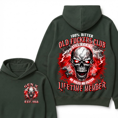 100% Bitter Old Fuckers Club Lifetime Member Hoodie Custom Year Gen X Red Lightning Cracked Skull Mens Biker Hoodie