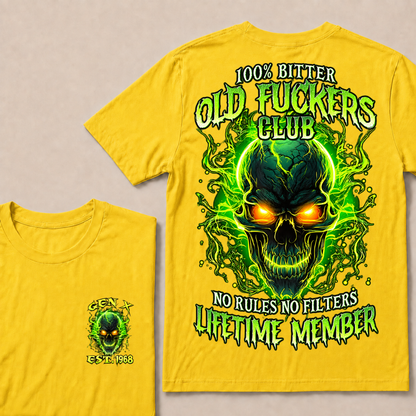 100% Bitter Old Fuckers Club Lifetime Member T Shirt Custom Year Gen X Green Flame Skull No Rules No Filters Men Graphic Tee