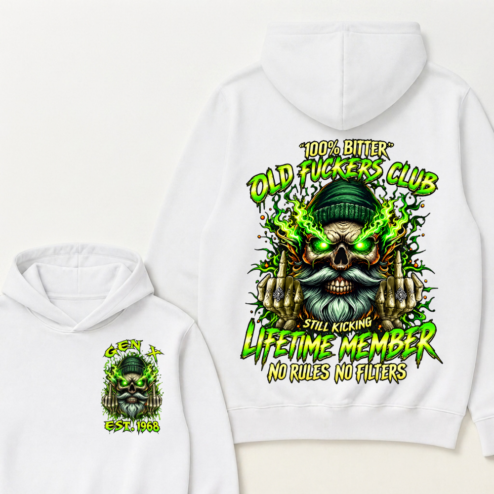 Gen X Custom Year Old Fuckers Club Beanie Bearded Skull Double Finger Green Flame Hoodie