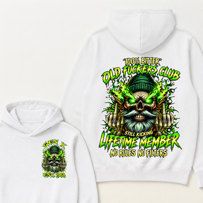 Gen X Custom Year Old Fuckers Club Beanie Bearded Skull Double Finger Green Flame Hoodie