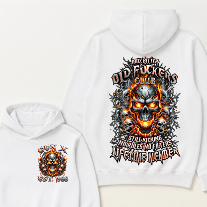 Gen X Custom Year Old Fuckers Club Hellfire Multi Skull Chain Lightning Hoodie