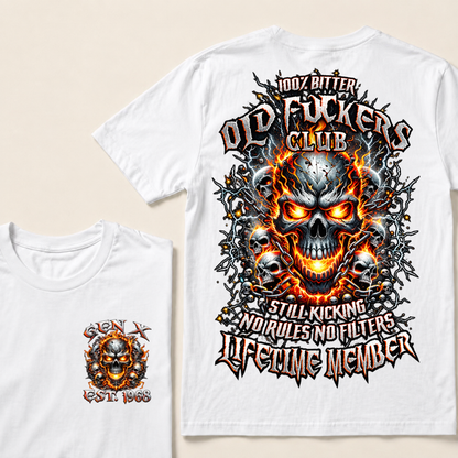 Gen X Custom Year Old Fuckers Club Multi Skull Chain Fire Lightning T-Shirt