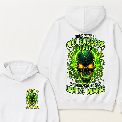 100% Bitter Old Fuckers Club Lifetime Member Hoodie Custom Year Gen X Green Fire Glowing Skull No Rules No Filters Men Graphic Hoodies
