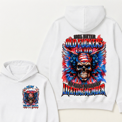 100% Bitter Old Fuckers Club Lifetime Member Hoodie Custom Year Gen X Patriotic Winged USA Flag Skull Red Blue Lightning No Rules No Filters Mens Biker Hoodie