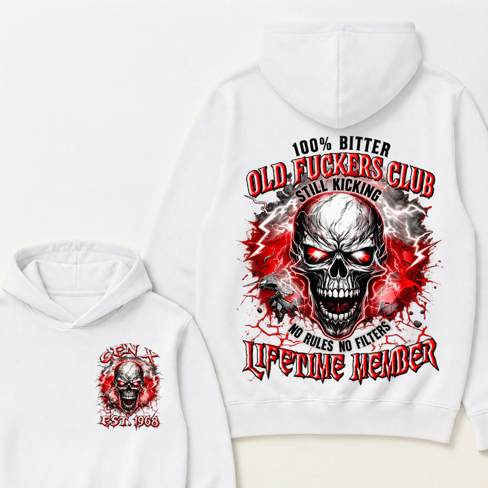 100% Bitter Old Fuckers Club Lifetime Member Hoodie Custom Year Gen X Red Lightning Cracked Skull Mens Biker Hoodie