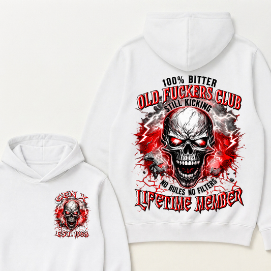 100% Bitter Old Fuckers Club Lifetime Member Hoodie Custom Year Gen X Red Lightning Cracked Skull Mens Biker Hoodie