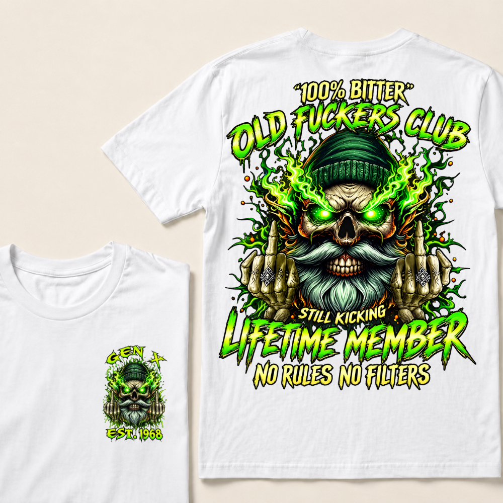 Gen X Custom Year Old Fuckers Club Beanie Skull Double Finger Green Flame T-Shirt