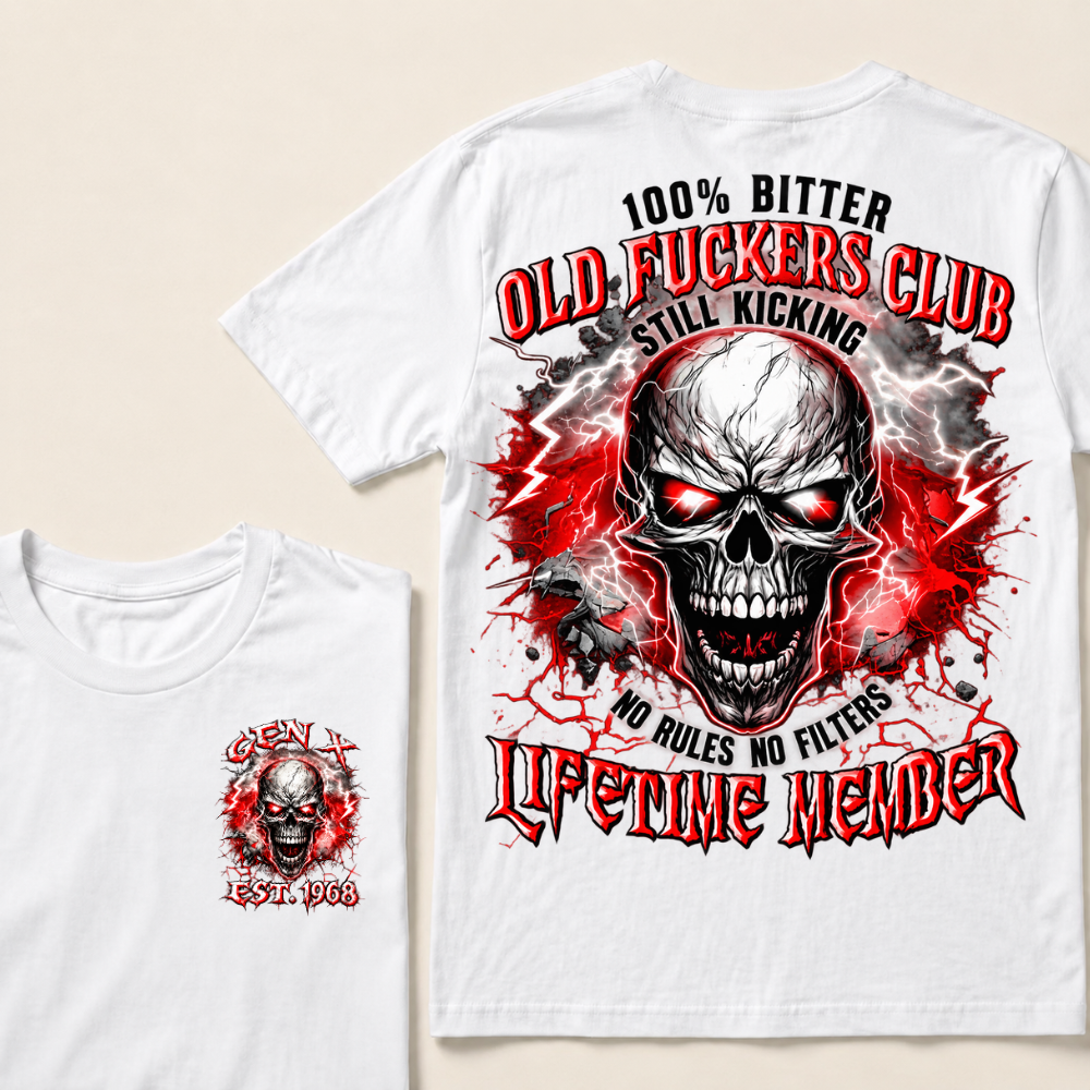 Gen X Custom Year Old Fuckers Club Red Lightning Cracked Skull Blood Splatter T-Shirt