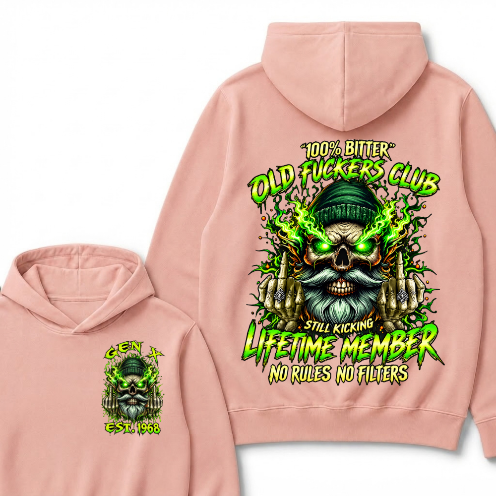 Gen X Custom Year Old Fuckers Club Beanie Bearded Skull Double Finger Green Flame Hoodie