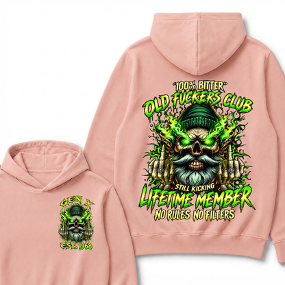 Gen X Custom Year Old Fuckers Club Beanie Bearded Skull Double Finger Green Flame Hoodie