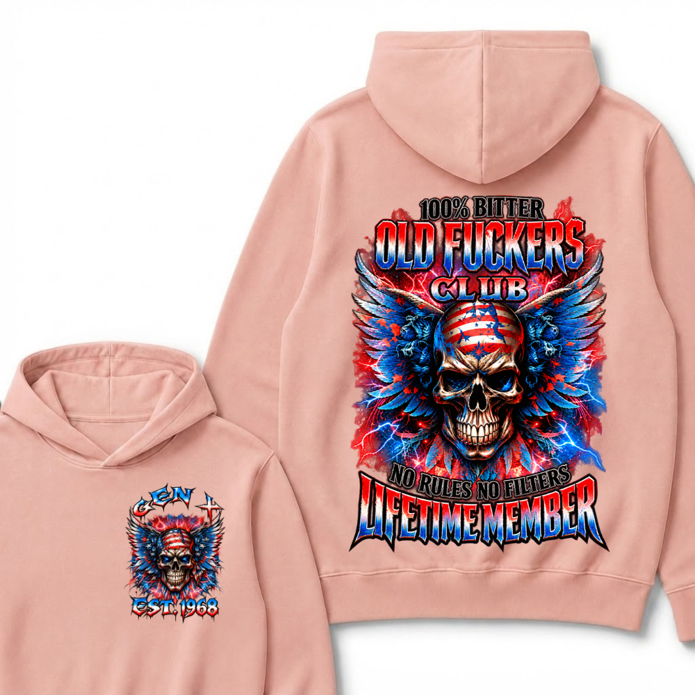 100% Bitter Old Fuckers Club Lifetime Member Hoodie Custom Year Gen X Patriotic Winged USA Flag Skull Red Blue Lightning No Rules No Filters Mens Biker Hoodie