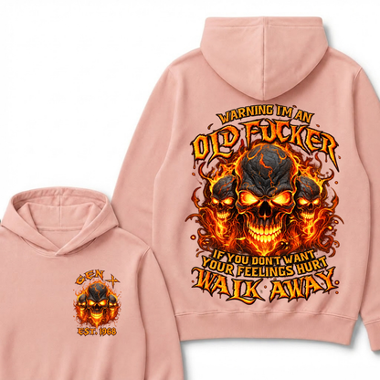 Warning I'm An Old Fucker Hoodie Custom Year Gen X Triple Lava Cracked Skull Burning Orange Fire Graphic If You Don't Want Your Feelings Hurt Walk Away Mens Biker Hoodie
