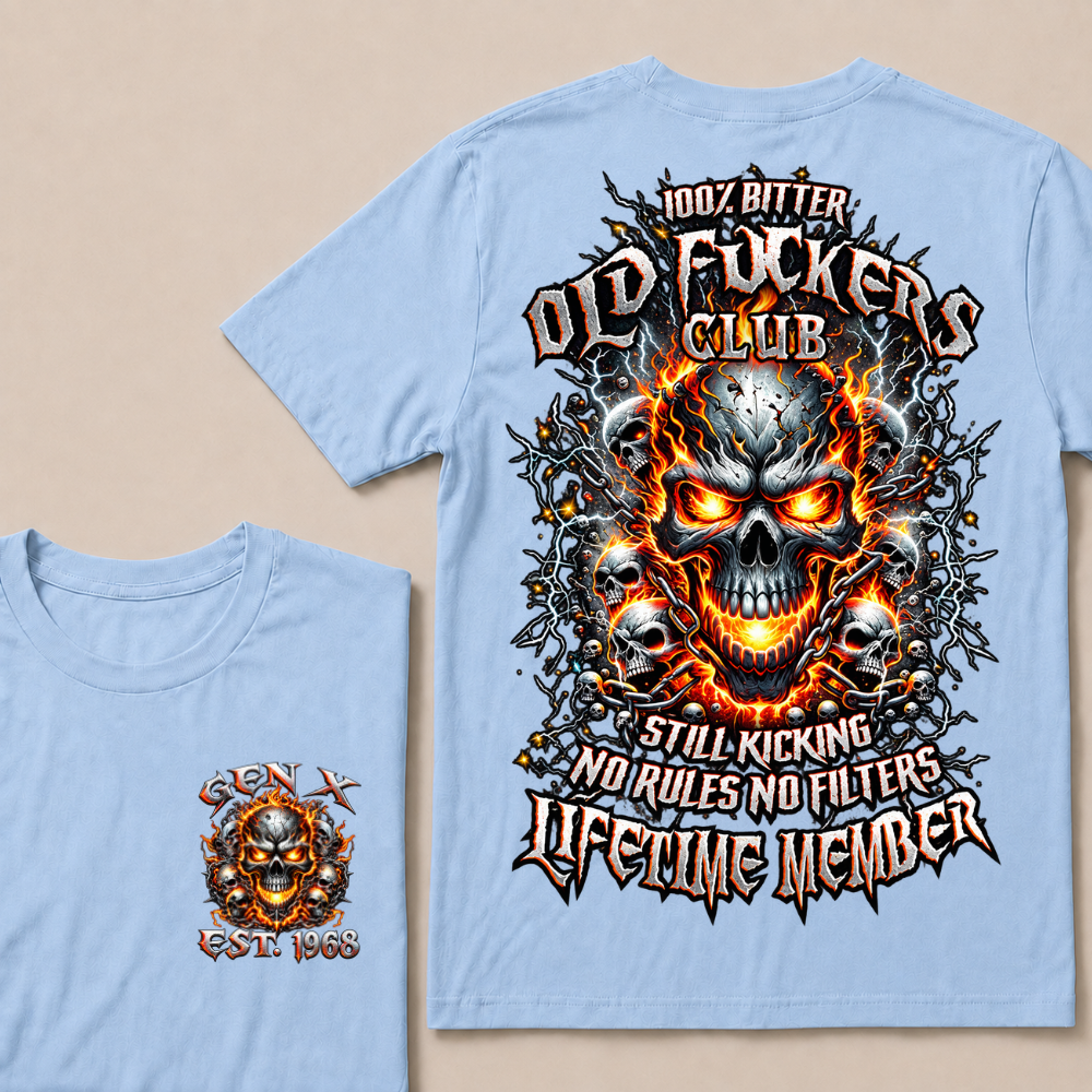 Gen X Custom Year Old Fuckers Club Multi Skull Chain Fire Lightning T-Shirt