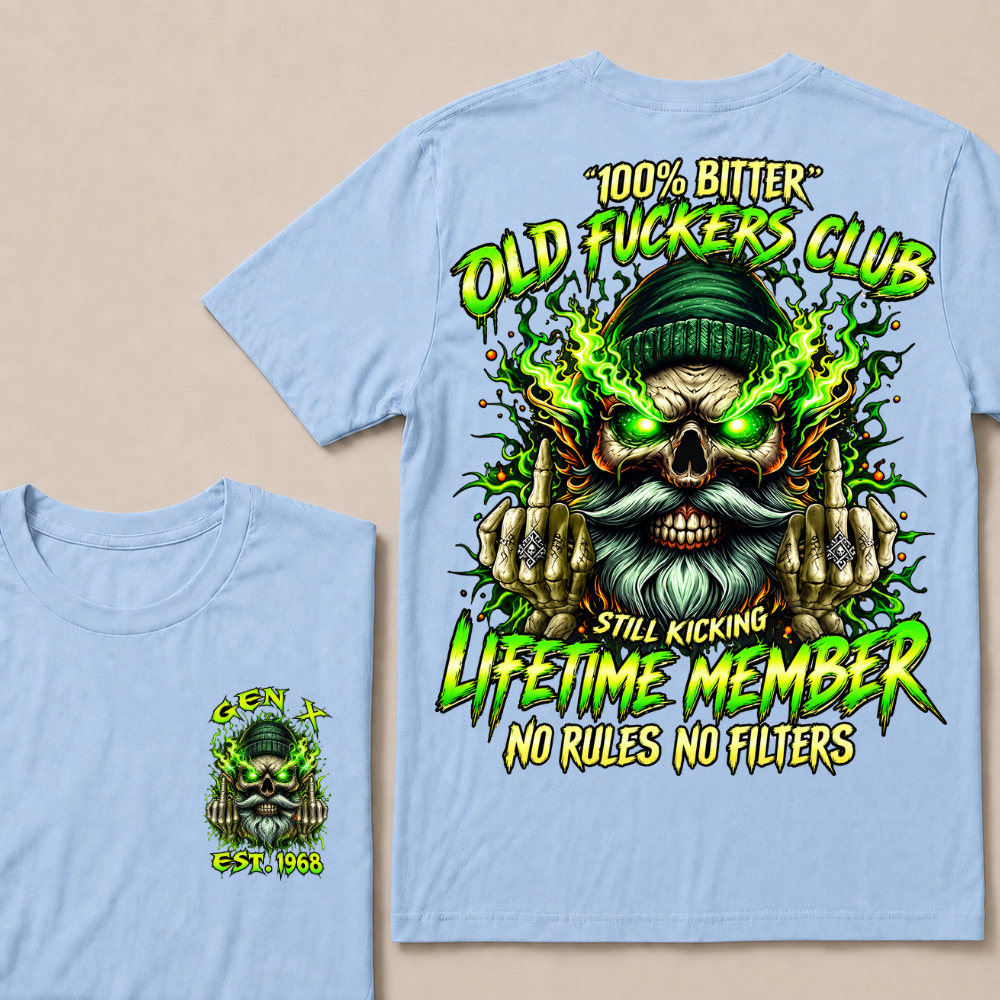 Gen X Custom Year Old Fuckers Club Beanie Skull Double Finger Green Flame T-Shirt