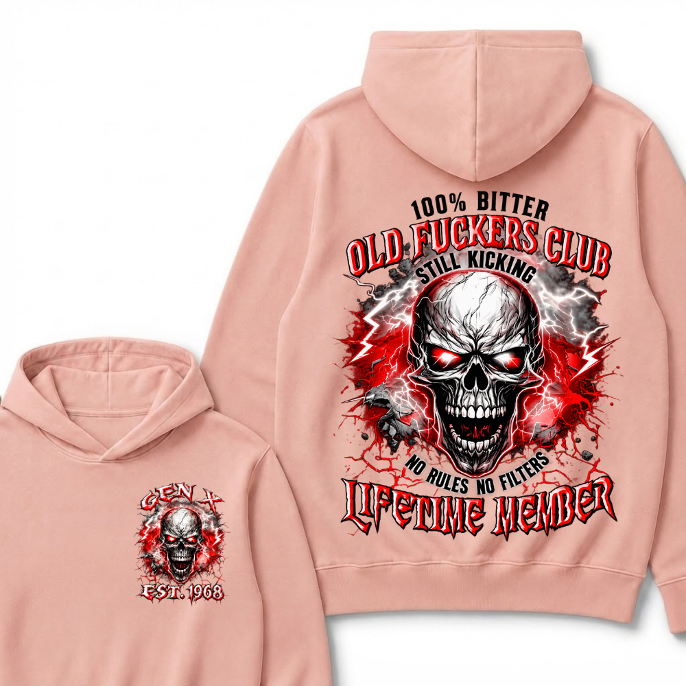100% Bitter Old Fuckers Club Lifetime Member Hoodie Custom Year Gen X Red Lightning Cracked Skull Mens Biker Hoodie