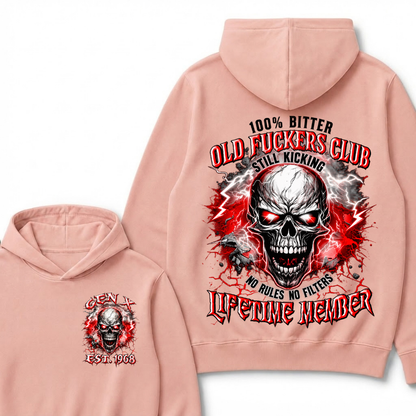 100% Bitter Old Fuckers Club Lifetime Member Hoodie Custom Year Gen X Red Lightning Cracked Skull Mens Biker Hoodie