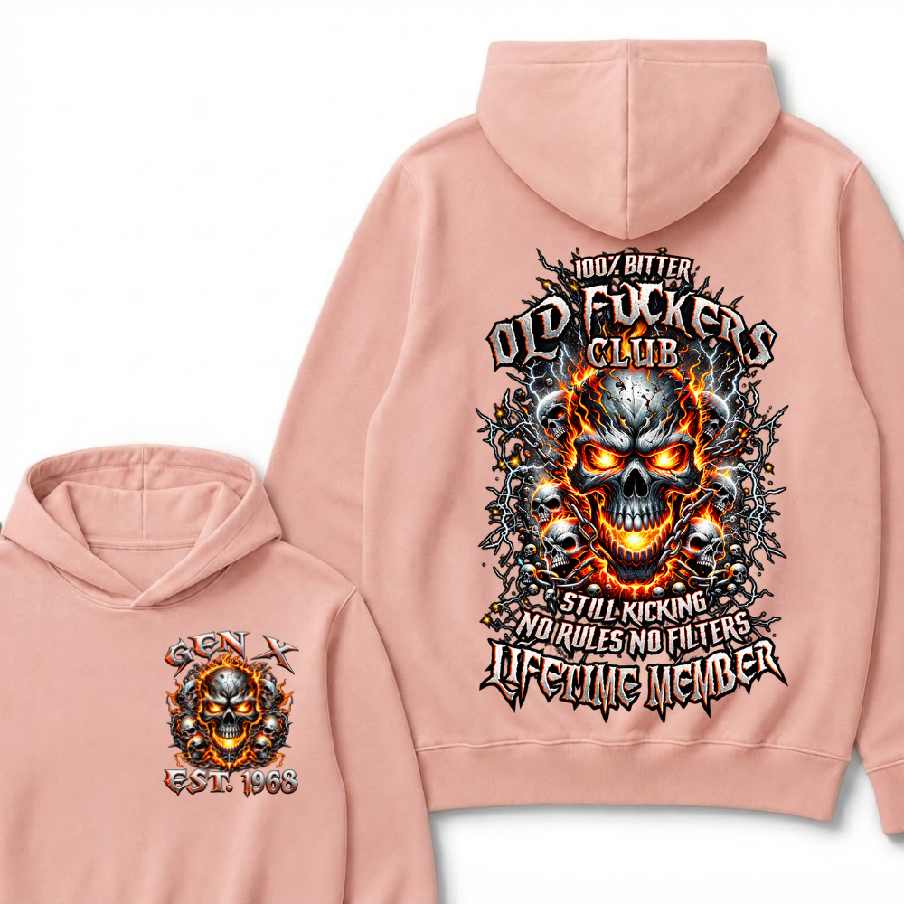 Gen X Custom Year Old Fuckers Club Hellfire Multi Skull Chain Lightning Hoodie
