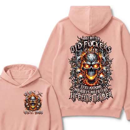 Gen X Custom Year Old Fuckers Club Hellfire Multi Skull Chain Lightning Hoodie