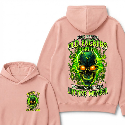 100% Bitter Old Fuckers Club Lifetime Member Hoodie Custom Year Gen X Green Fire Glowing Skull No Rules No Filters Men Graphic Hoodies