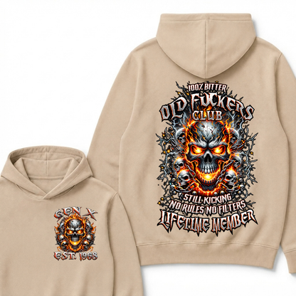 Gen X Custom Year Old Fuckers Club Hellfire Multi Skull Chain Lightning Hoodie