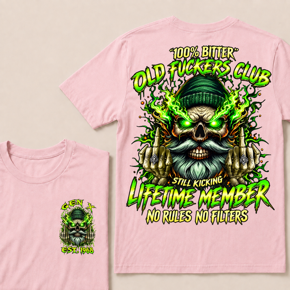 Gen X Custom Year Old Fuckers Club Beanie Skull Double Finger Green Flame T-Shirt