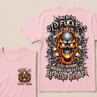 Gen X Custom Year Old Fuckers Club Multi Skull Chain Fire Lightning T-Shirt