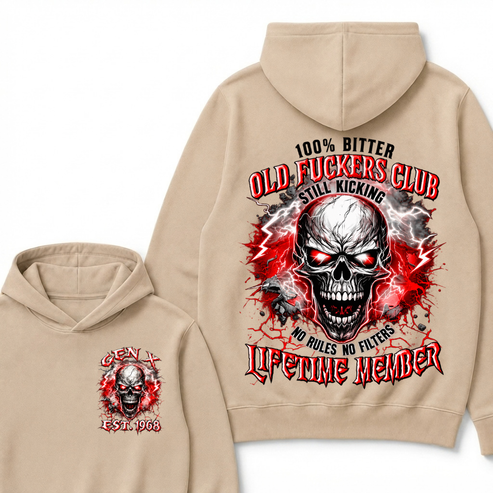 100% Bitter Old Fuckers Club Lifetime Member Hoodie Custom Year Gen X Red Lightning Cracked Skull Mens Biker Hoodie