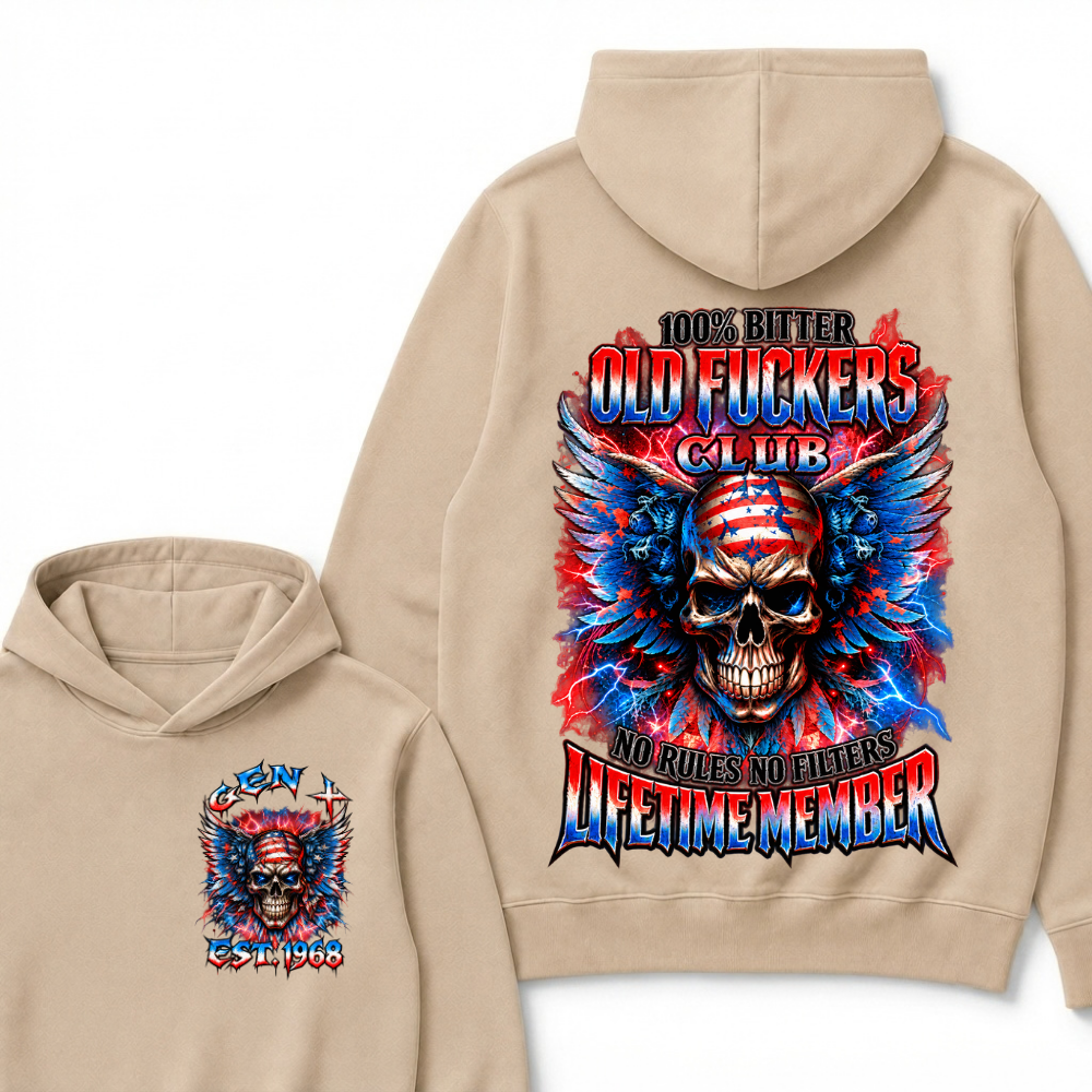 100% Bitter Old Fuckers Club Lifetime Member Hoodie Custom Year Gen X Patriotic Winged USA Flag Skull Red Blue Lightning No Rules No Filters Mens Biker Hoodie