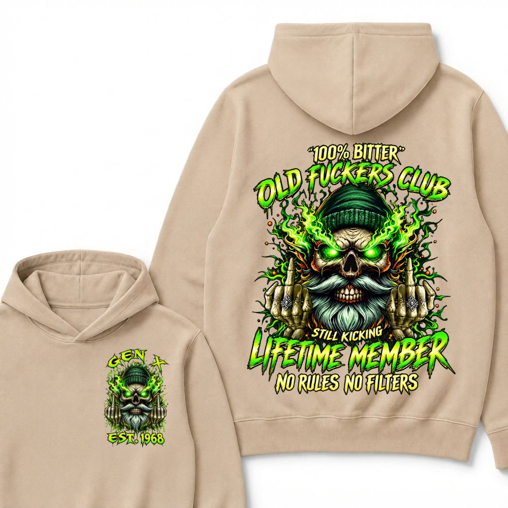 Gen X Custom Year Old Fuckers Club Beanie Bearded Skull Double Finger Green Flame Hoodie