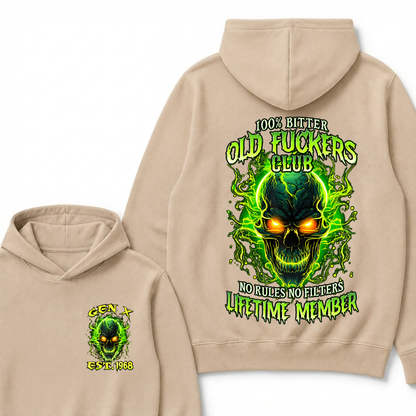 100% Bitter Old Fuckers Club Lifetime Member Hoodie Custom Year Gen X Green Fire Glowing Skull No Rules No Filters Men Graphic Hoodies