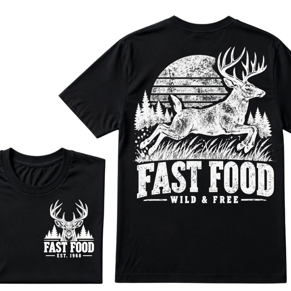 Fast Food Wild & Free Deer Hunting T-Shirt EST.Year Vintage Buck Hunter Forest Graphic Tee