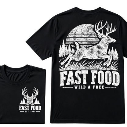 Fast Food Wild & Free Deer Hunting T-Shirt EST.Year Vintage Buck Hunter Forest Graphic Tee