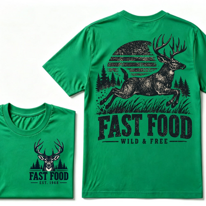 Fast Food Wild & Free Deer Hunting T-Shirt EST.Year Vintage Buck Hunter Forest Graphic Tee