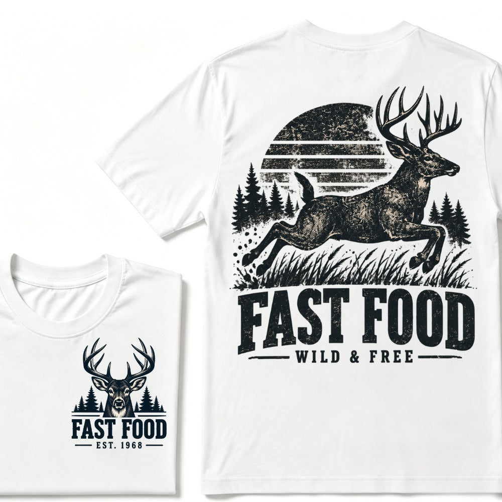 Fast Food Wild & Free Deer Hunting T-Shirt EST.Year Vintage Buck Hunter Forest Graphic Tee