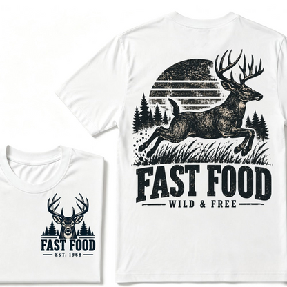 Fast Food Wild & Free Deer Hunting T-Shirt EST.Year Vintage Buck Hunter Forest Graphic Tee